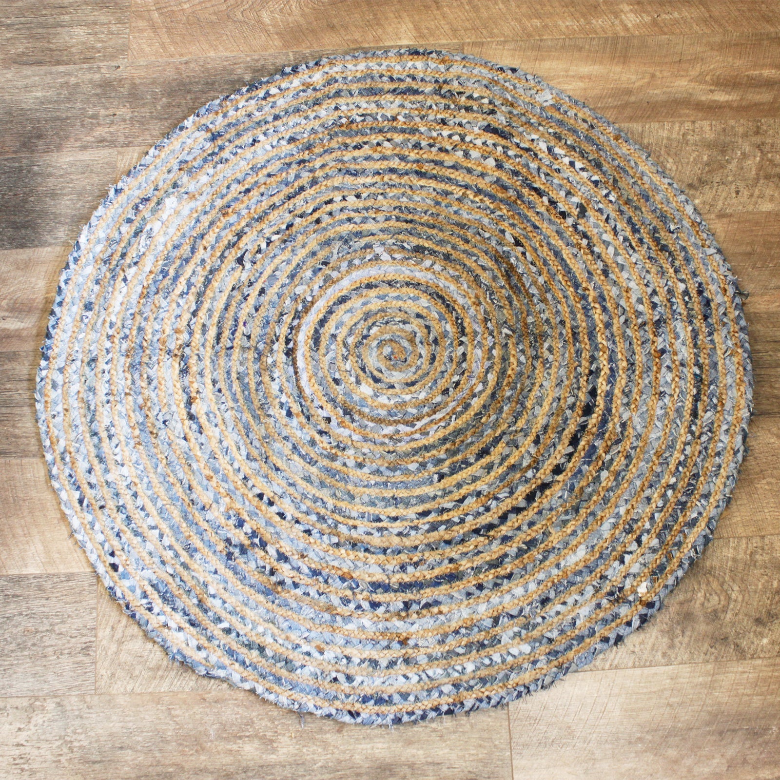 Handmade Round Jute and Recycled Denim Rug - 120cm product packaging on clean background from Quintessential Holistic Health Ltd