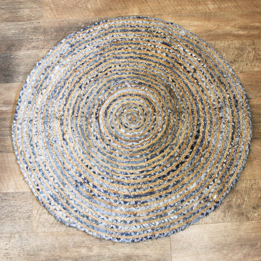 Handmade Round Jute and Recycled Denim Rug - 120cm product packaging on clean background from Quintessential Holistic Health Ltd