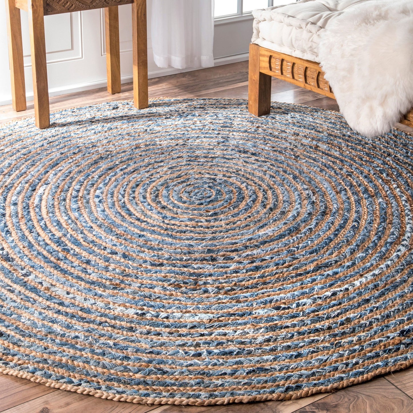 Handmade Round Jute and Recycled Denim Rug - 150cm product packaging on clean background from Quintessential Holistic Health Ltd