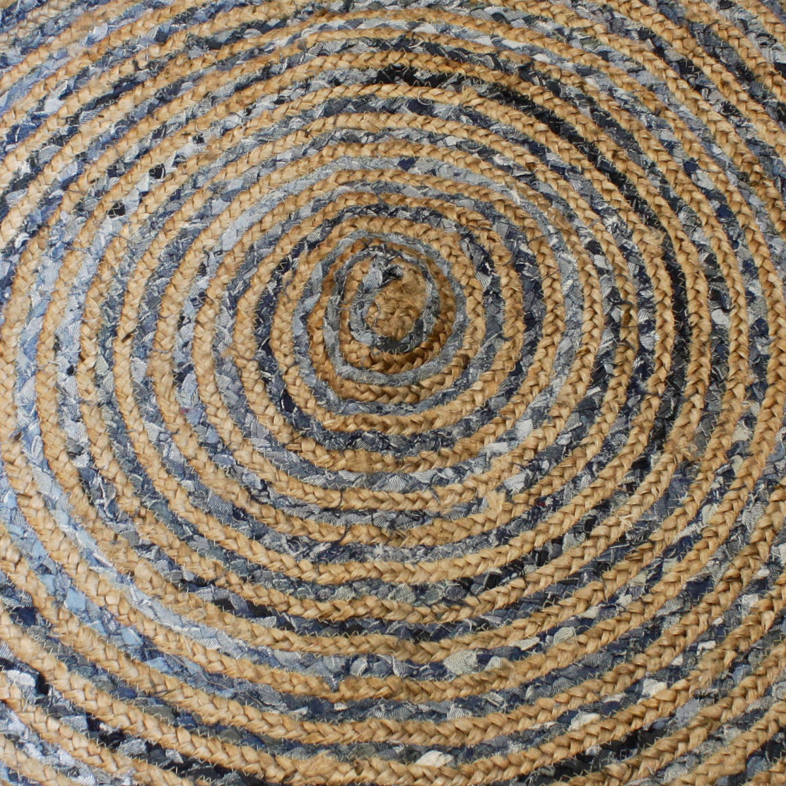 Handmade Round Jute and Recycled Denim Rug - 150cm product packaging on clean background from Quintessential Holistic Health Ltd