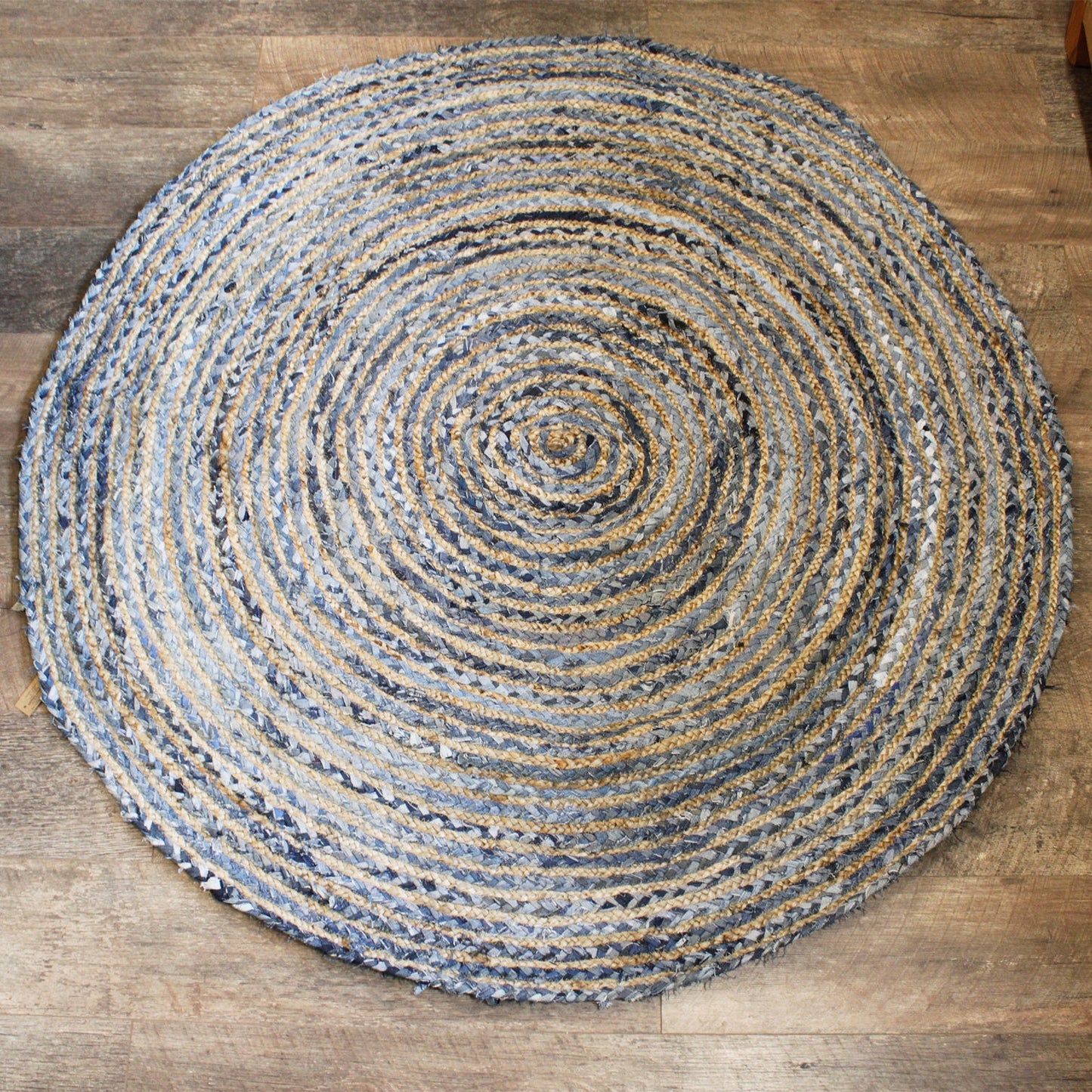 Handmade Round Jute and Recycled Denim Rug - 150cm product packaging on clean background from Quintessential Holistic Health Ltd