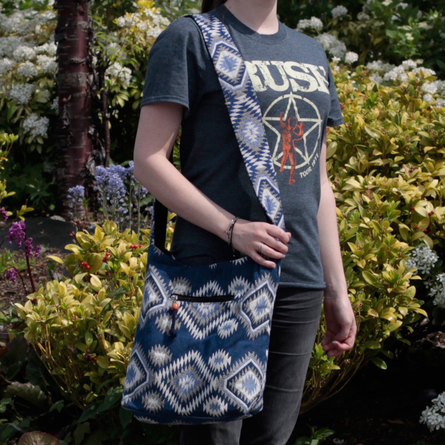Kathmandu Cotton Cross-Body Bag - Dusk / Blue product packaging on clean background from Quintessential Holistic Health Ltd