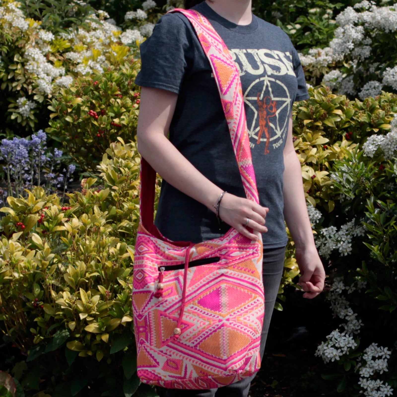 Kathmandu Cotton Cross-Body Bag - Sunset / Pink and Golden Yellow product packaging on clean background from Quintessential Holistic Health Ltd