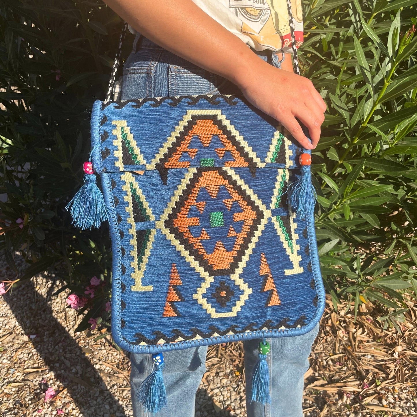 Kilim Bohemian Shoulder Bag - Sky Blue product packaging on clean background from Quintessential Holistic Health Ltd