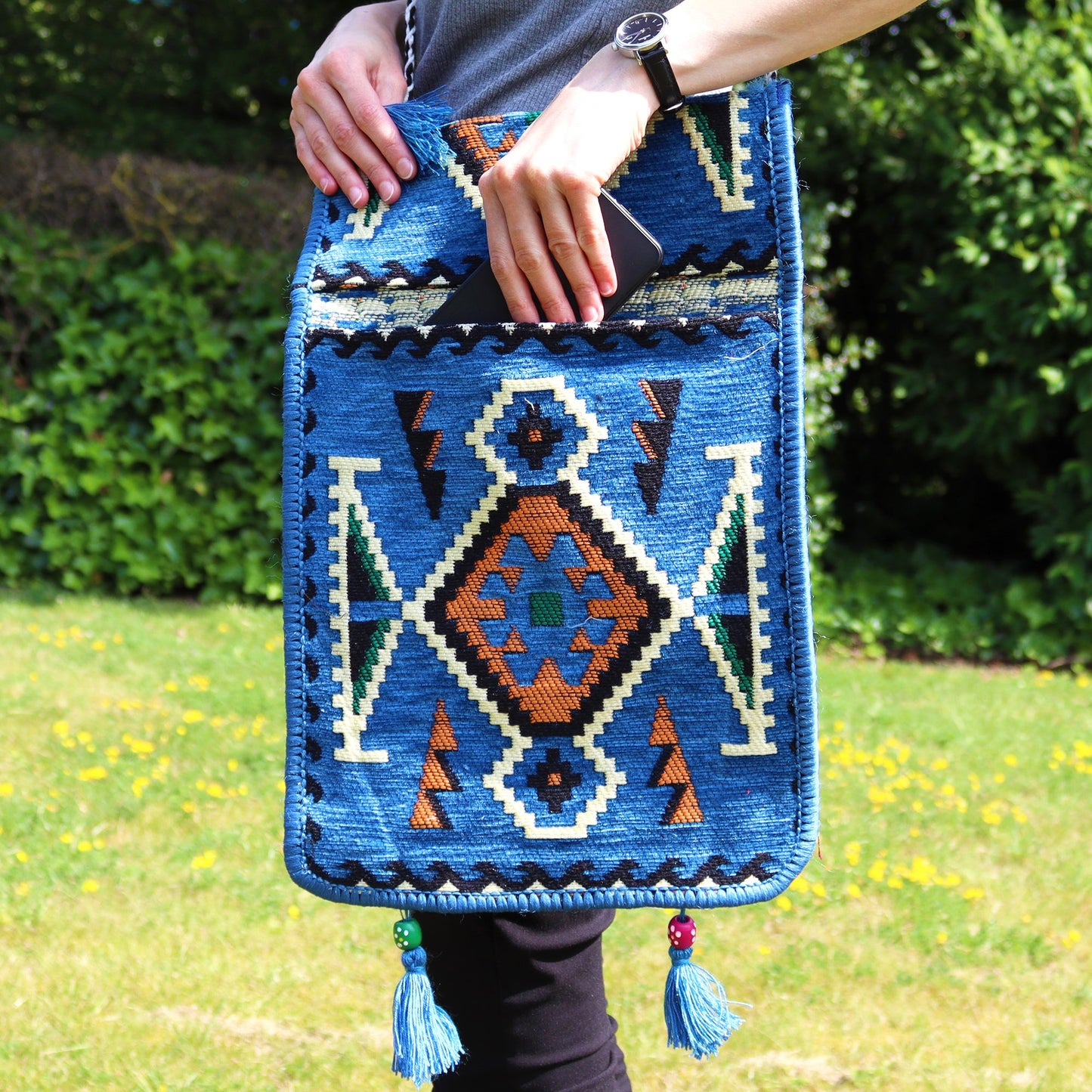 Kilim Bohemian Shoulder Bag - Sky Blue product packaging on clean background from Quintessential Holistic Health Ltd