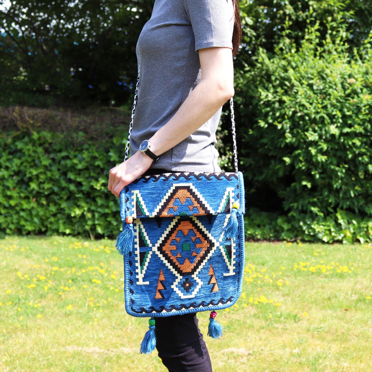 Kilim Bohemian Shoulder Bag - Sky Blue product packaging on clean background from Quintessential Holistic Health Ltd