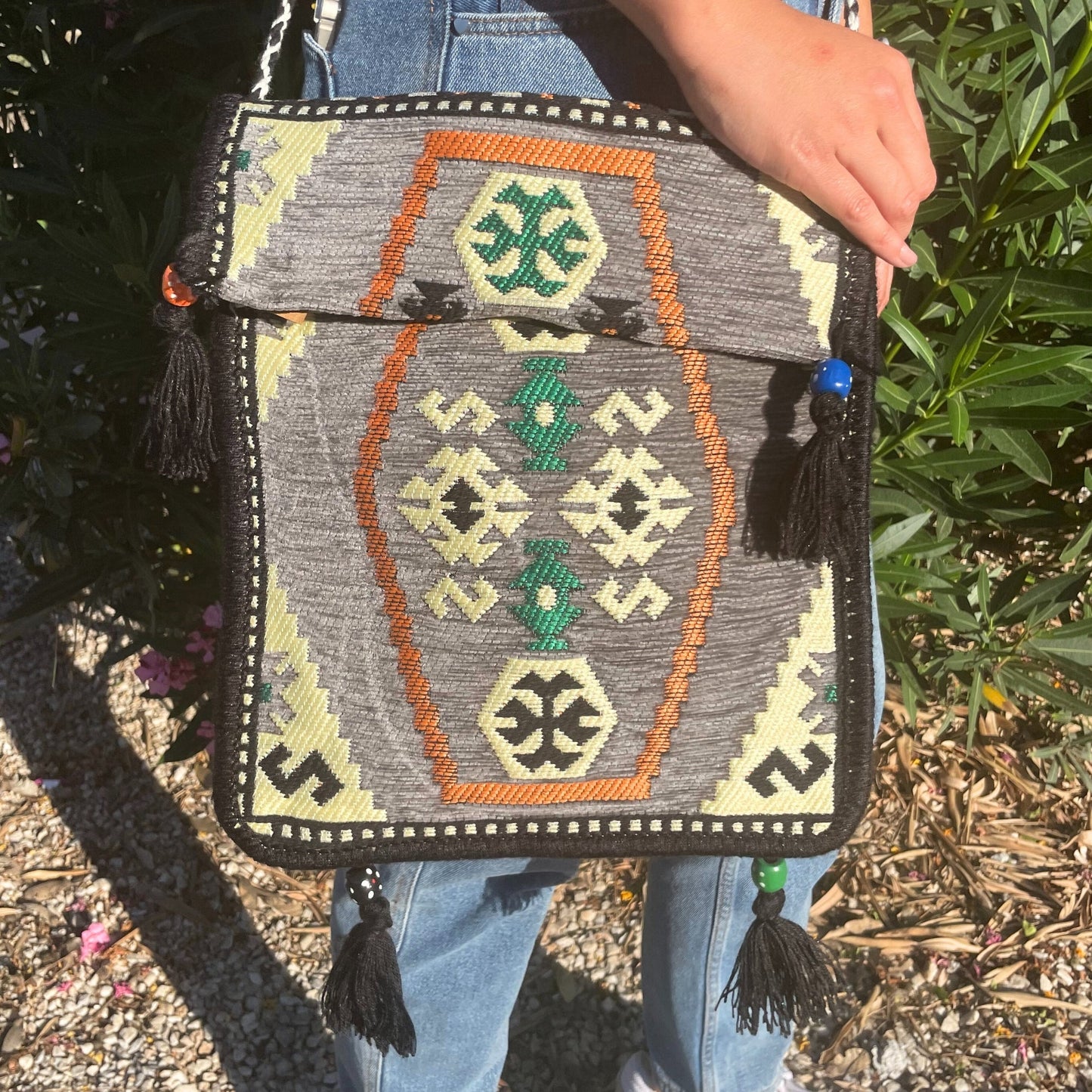 Kilim Bohemian Shoulder Bag - Pale Grey product packaging on clean background from Quintessential Holistic Health Ltd