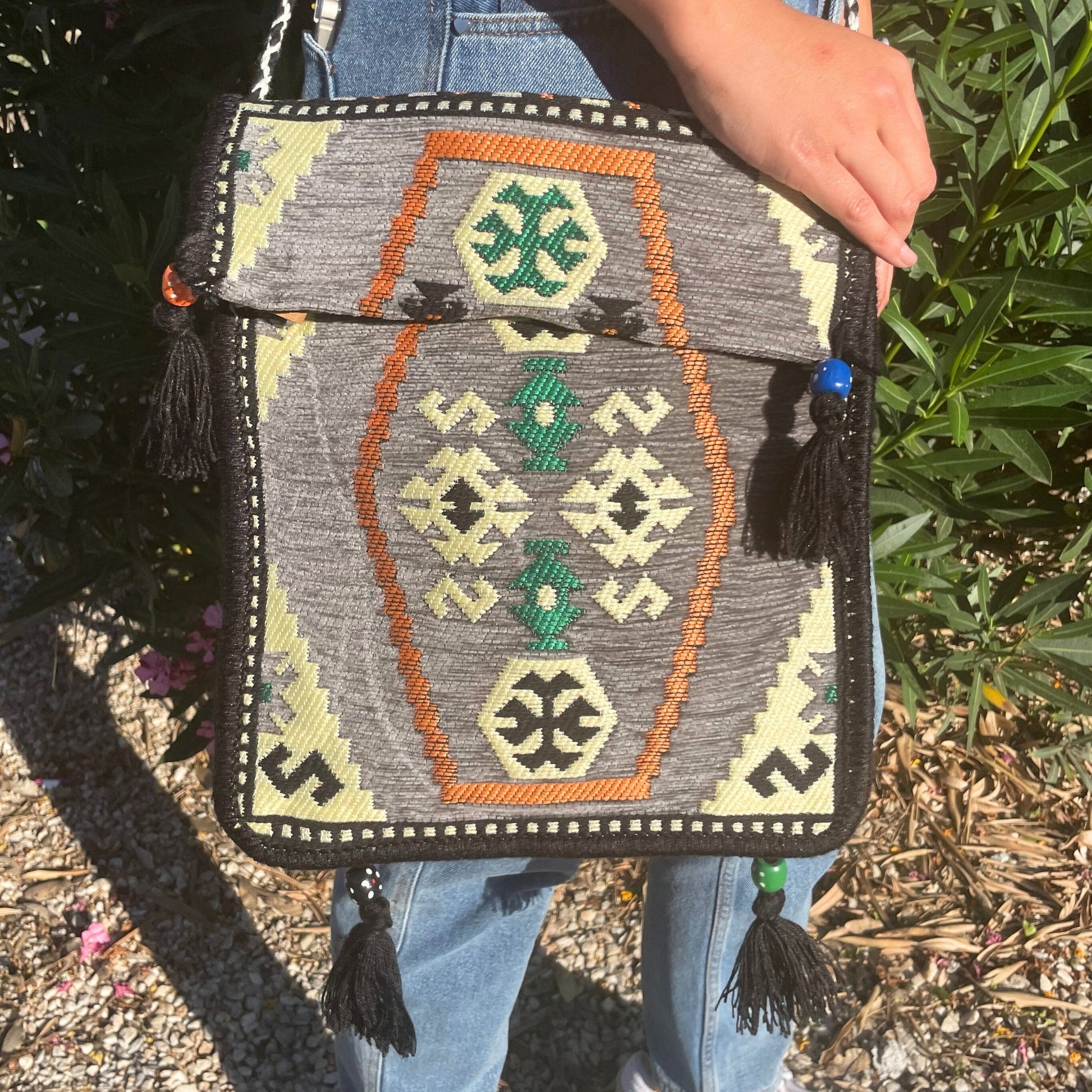 Kilim Bohemian Shoulder Bag - Pale Grey product packaging on clean background from Quintessential Holistic Health Ltd