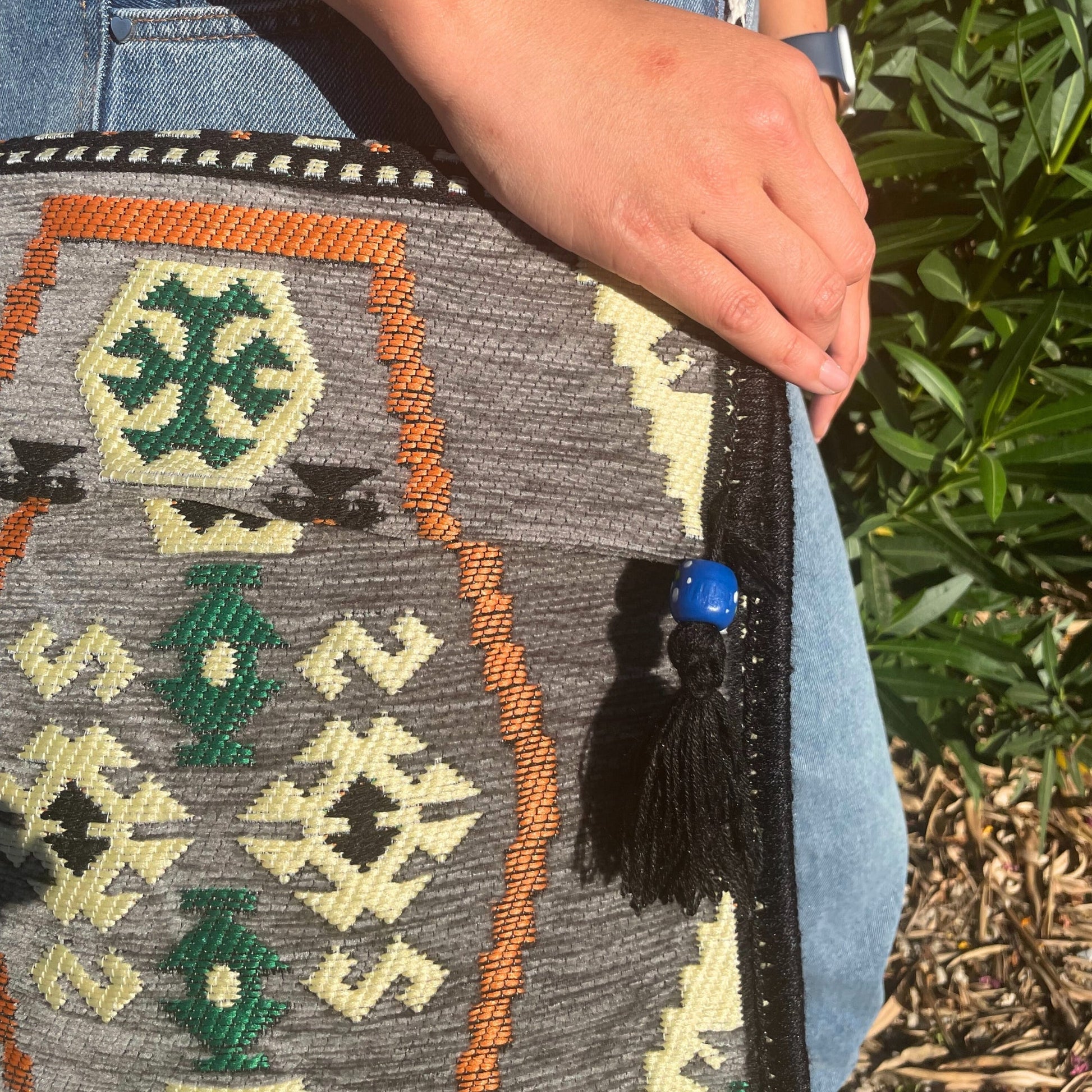 Kilim Bohemian Shoulder Bag - Pale Grey product packaging on clean background from Quintessential Holistic Health Ltd