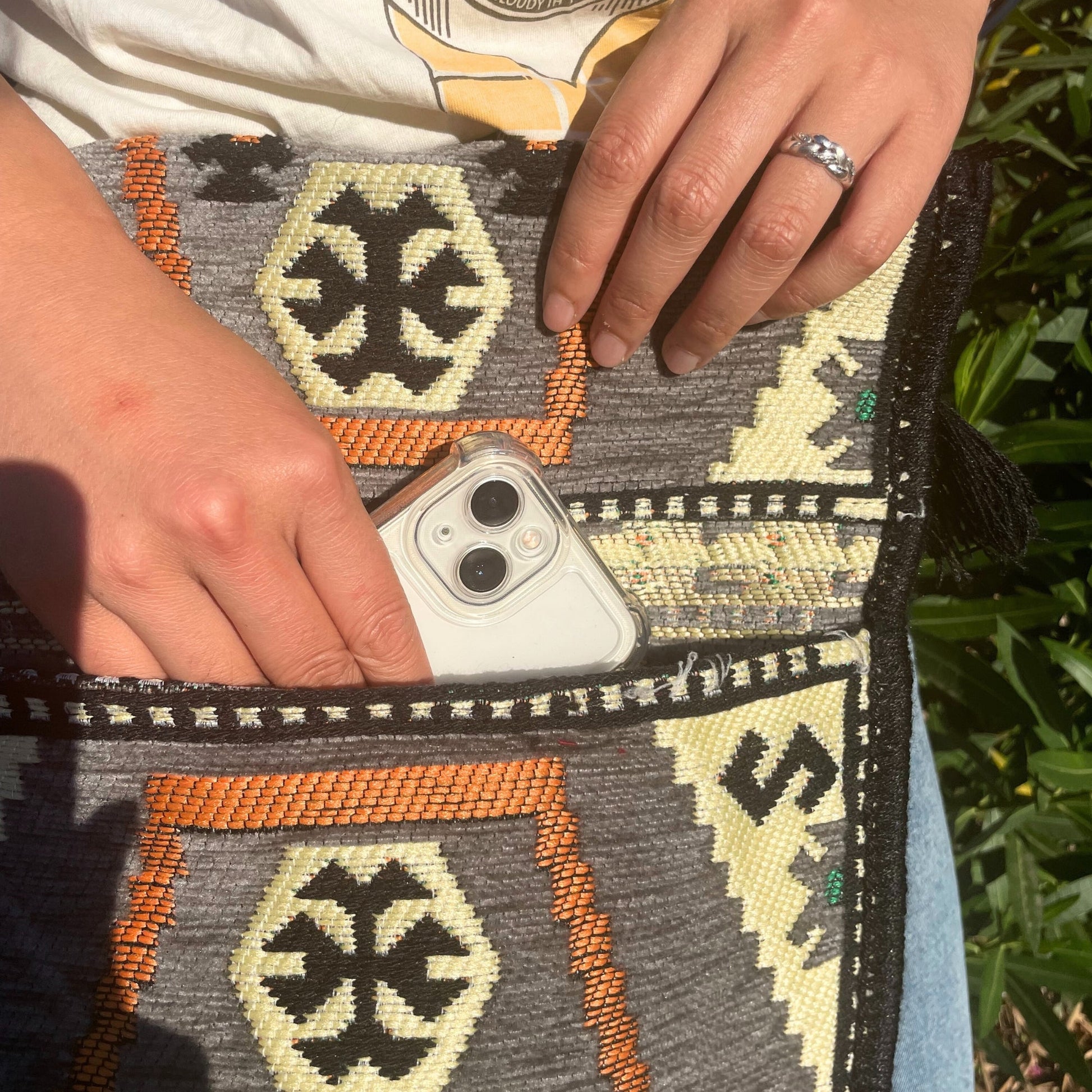 Kilim Bohemian Shoulder Bag - Pale Grey product packaging on clean background from Quintessential Holistic Health Ltd