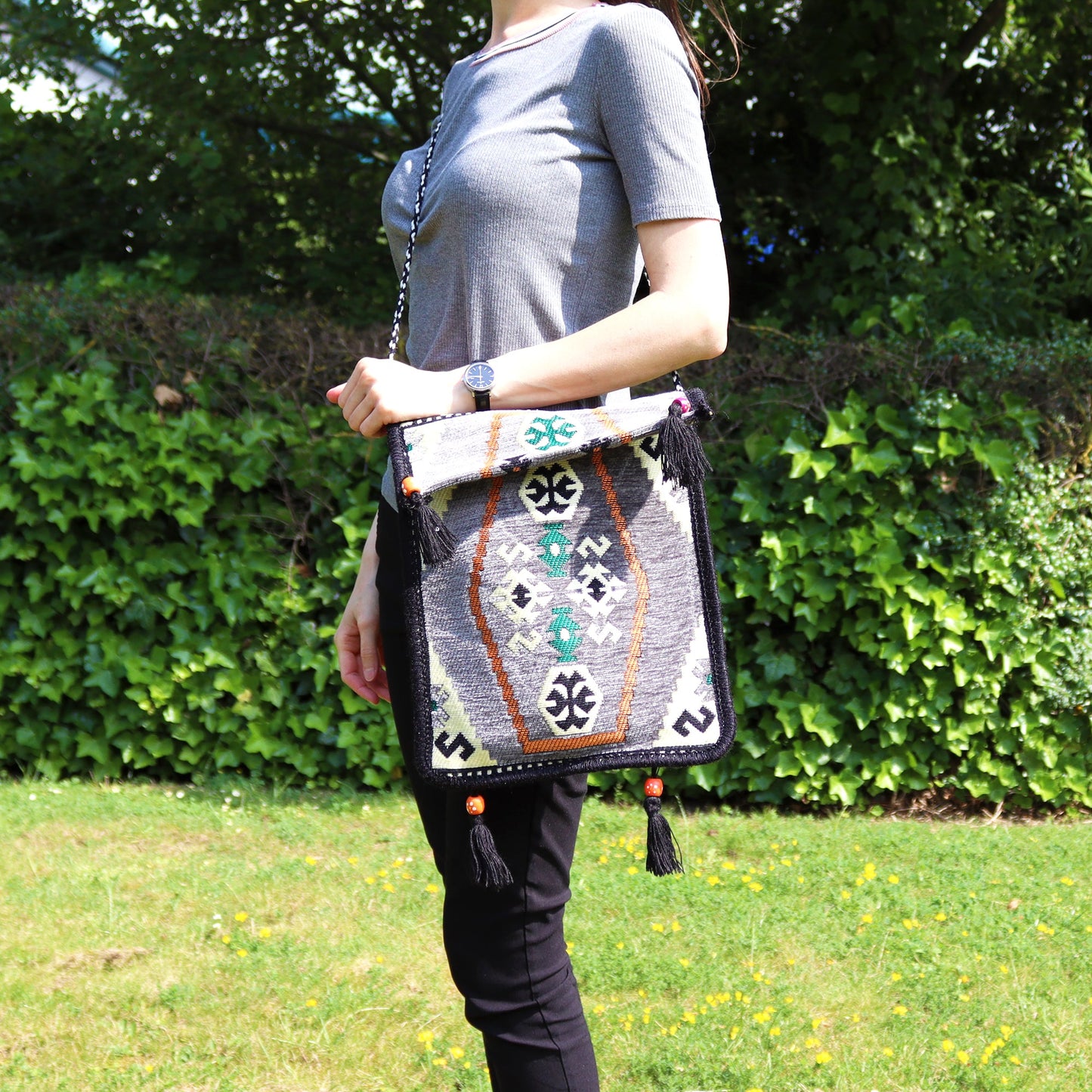 Kilim Bohemian Shoulder Bag - Pale Grey product packaging on clean background from Quintessential Holistic Health Ltd