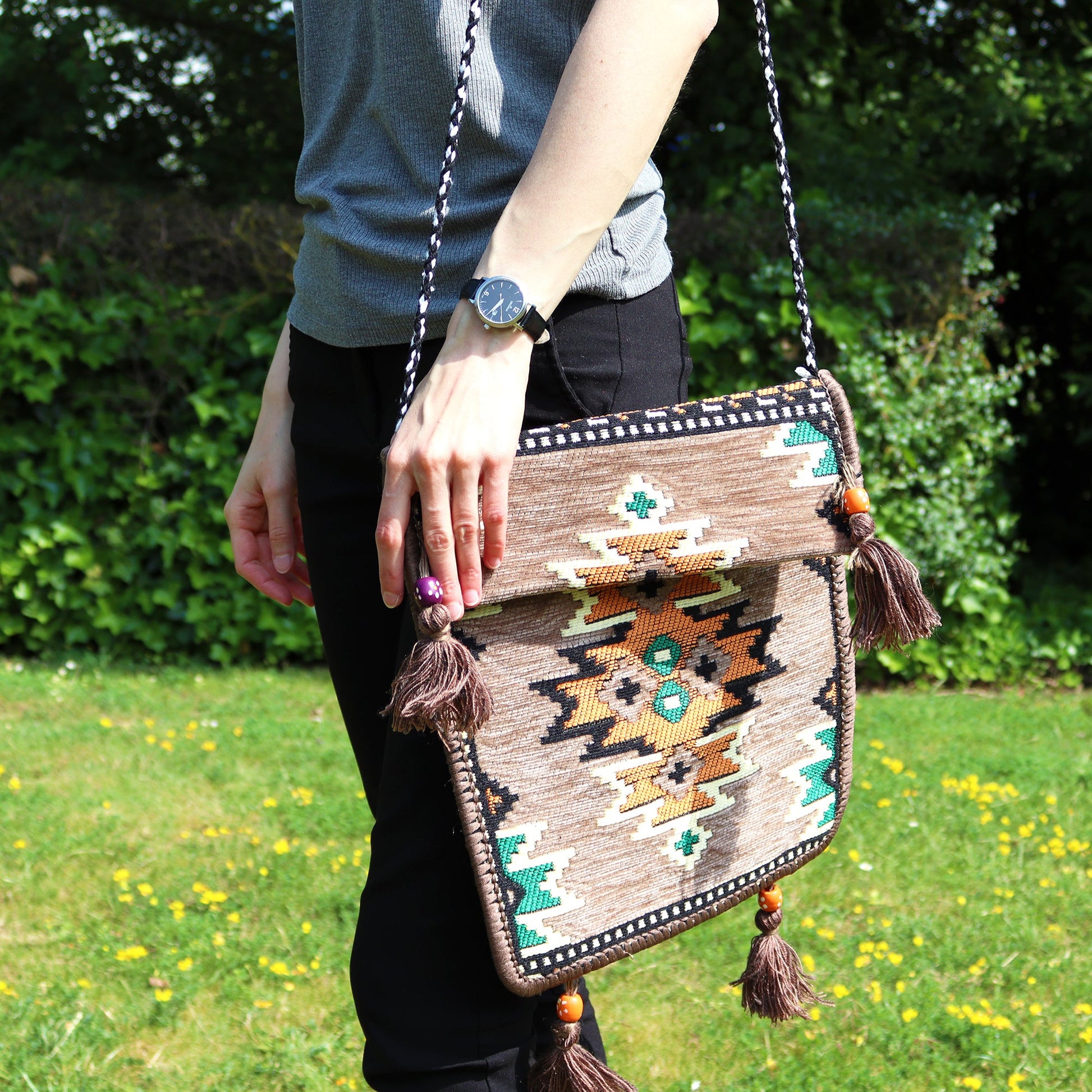 Kilim Bohemian Shoulder Bag - Beige product packaging on clean background from Quintessential Holistic Health Ltd