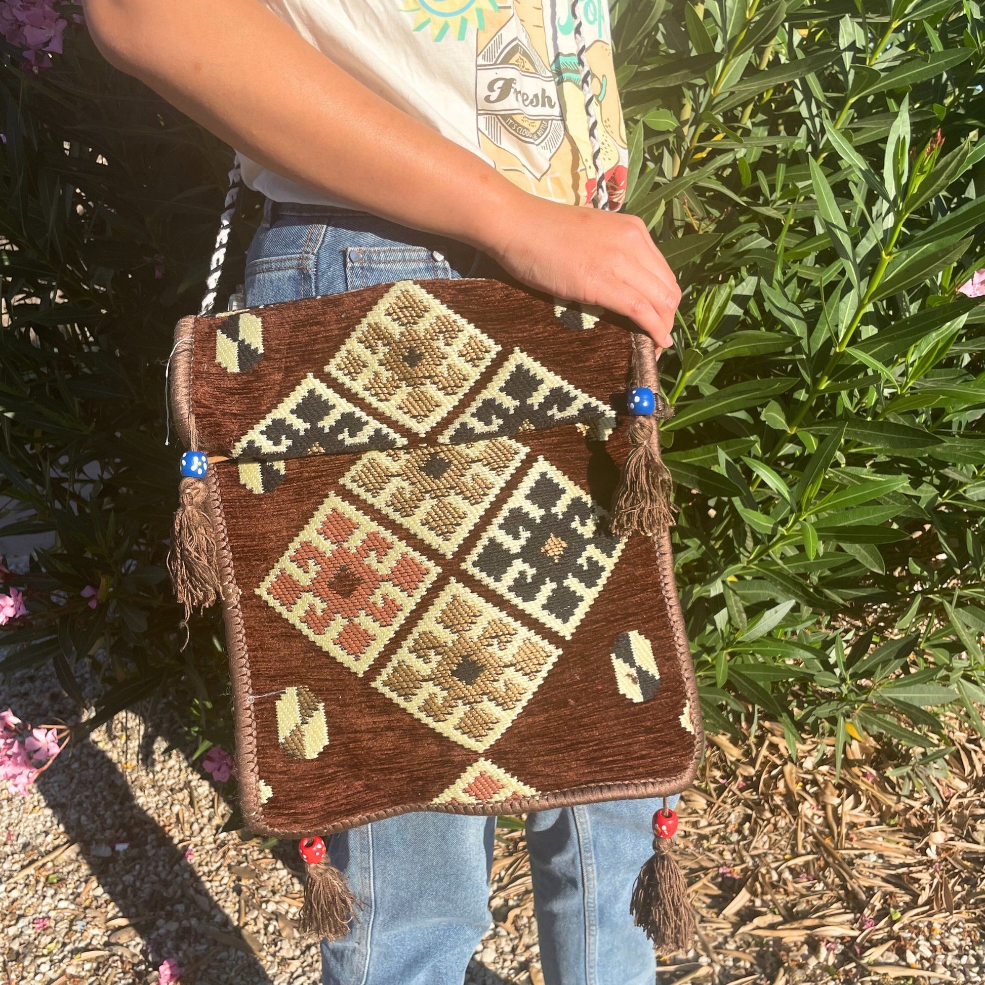 Kilim Bohemian Shoulder Bag - Chocolate product packaging on clean background from Quintessential Holistic Health Ltd