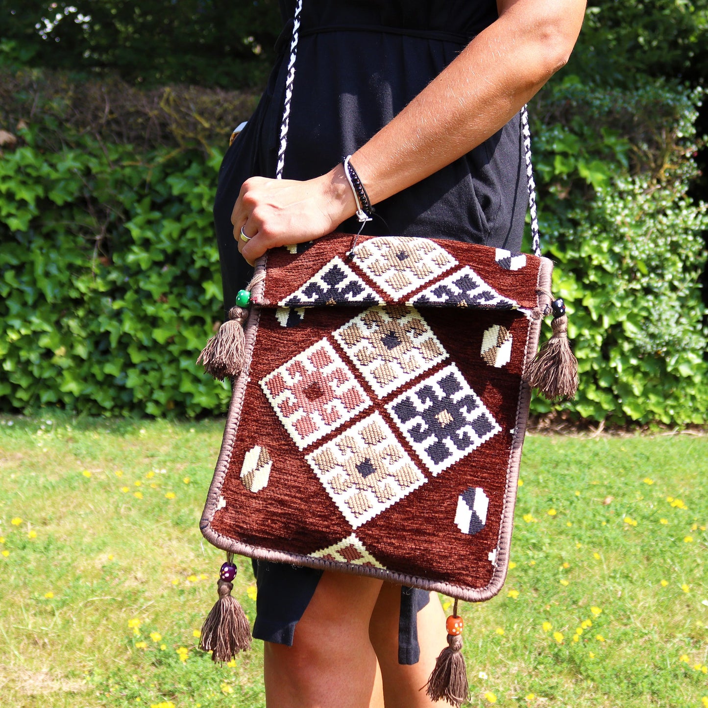 Kilim Bohemian Shoulder Bag - Chocolate product packaging on clean background from Quintessential Holistic Health Ltd