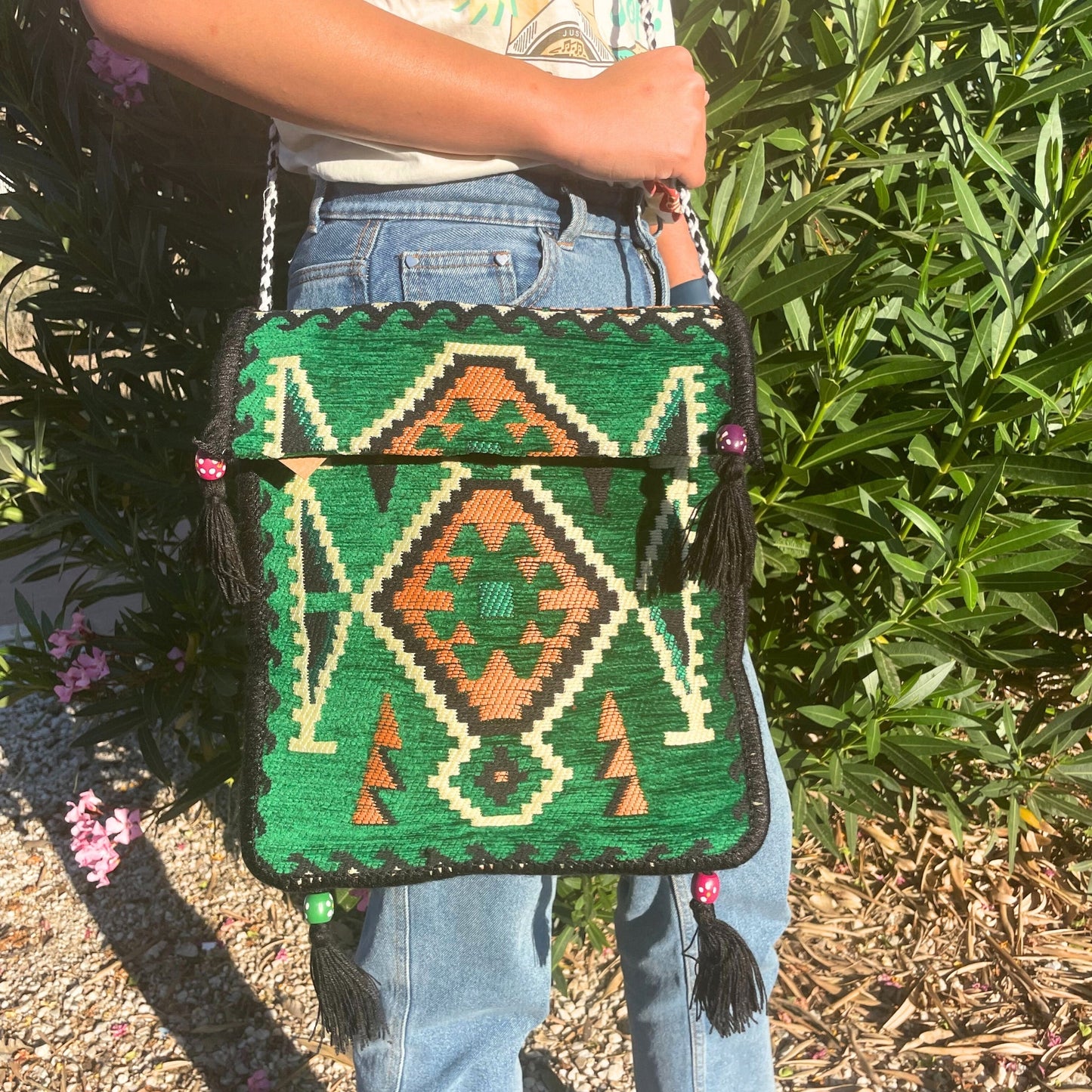 Kilim Bohemian Shoulder Bag - Emerald Green product packaging on clean background from Quintessential Holistic Health Ltd