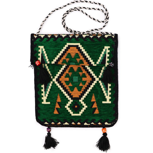 Kilim Bohemian Shoulder Bag - Emerald Green product packaging on clean background from Quintessential Holistic Health Ltd