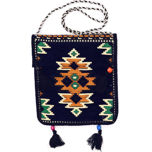Kilim Bohemian Shoulder Bag - Navy Blue product packaging on clean background from Quintessential Holistic Health Ltd