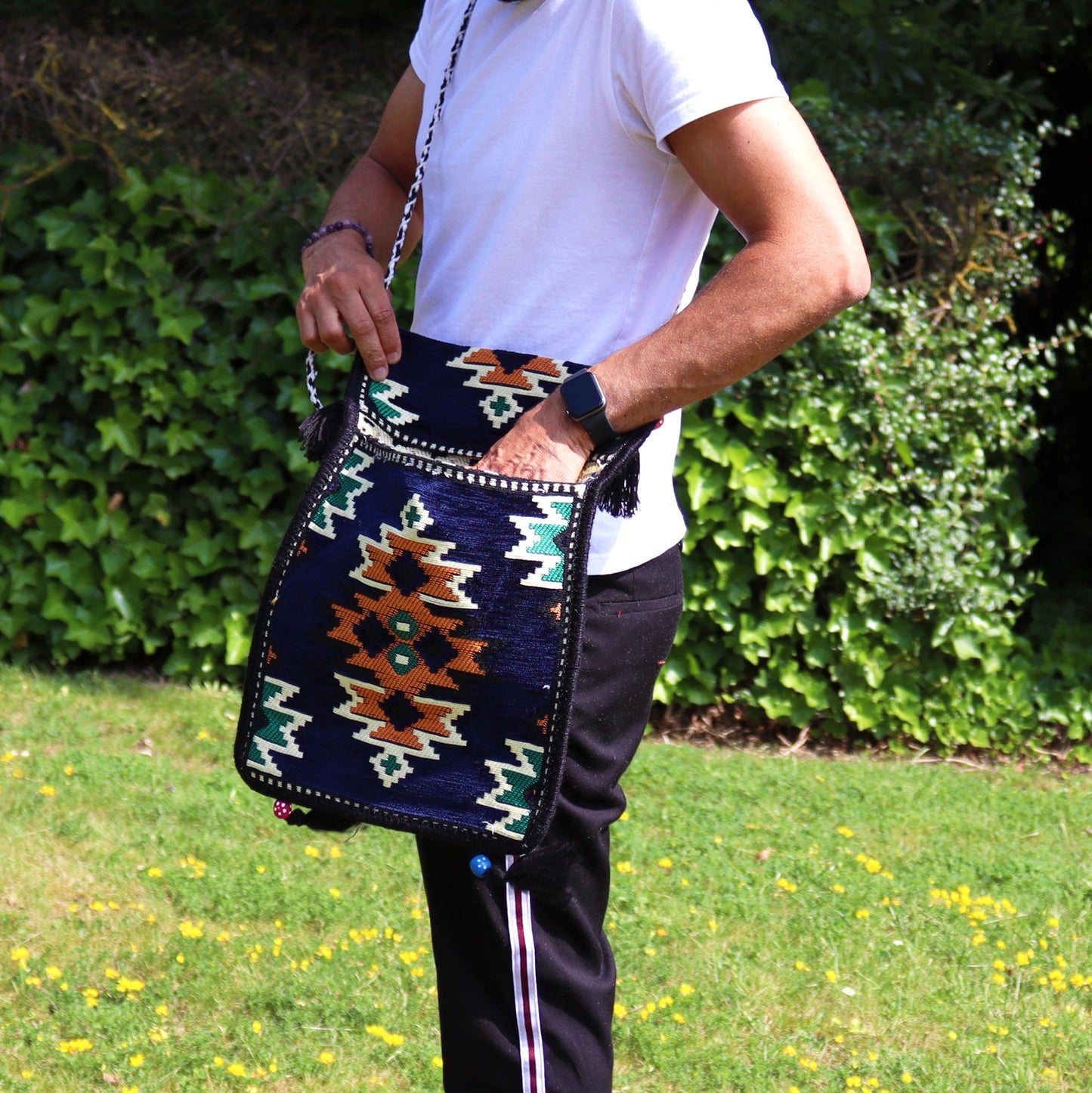 Kilim Bohemian Shoulder Bag - Navy Blue product packaging on clean background from Quintessential Holistic Health Ltd