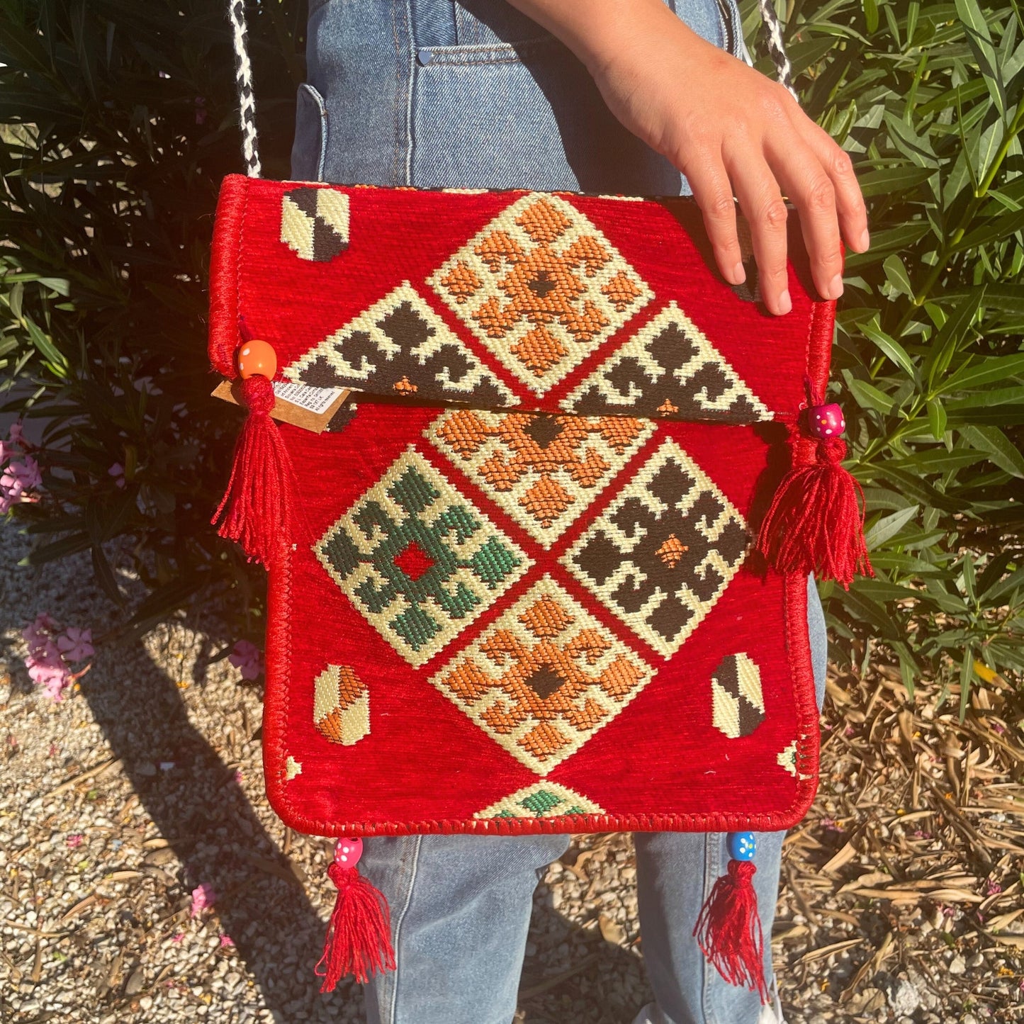 Kilim Bohemian Shoulder Bag - Red product packaging on clean background from Quintessential Holistic Health Ltd