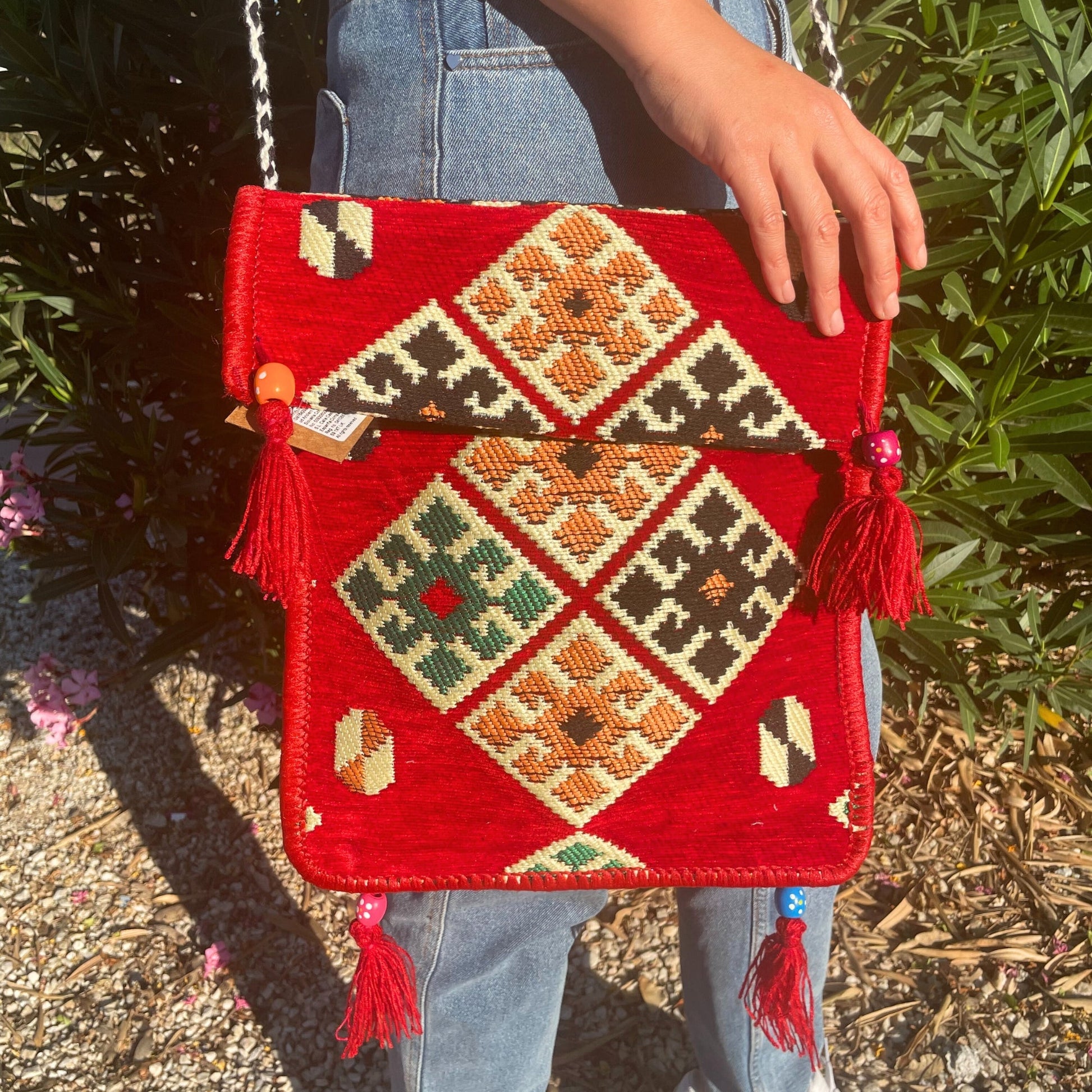 Kilim Bohemian Shoulder Bag - Red product packaging on clean background from Quintessential Holistic Health Ltd