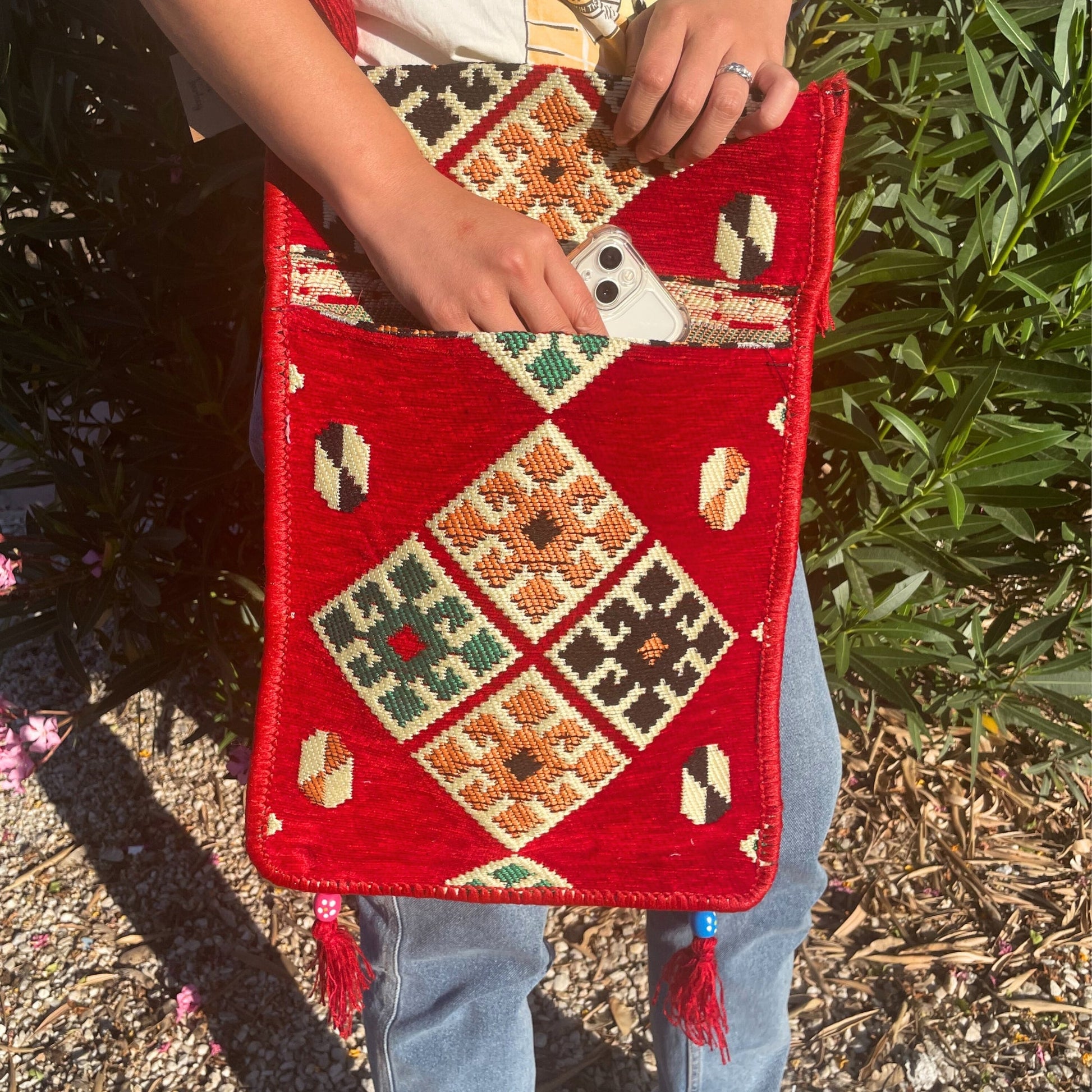 Kilim Bohemian Shoulder Bag - Red product packaging on clean background from Quintessential Holistic Health Ltd
