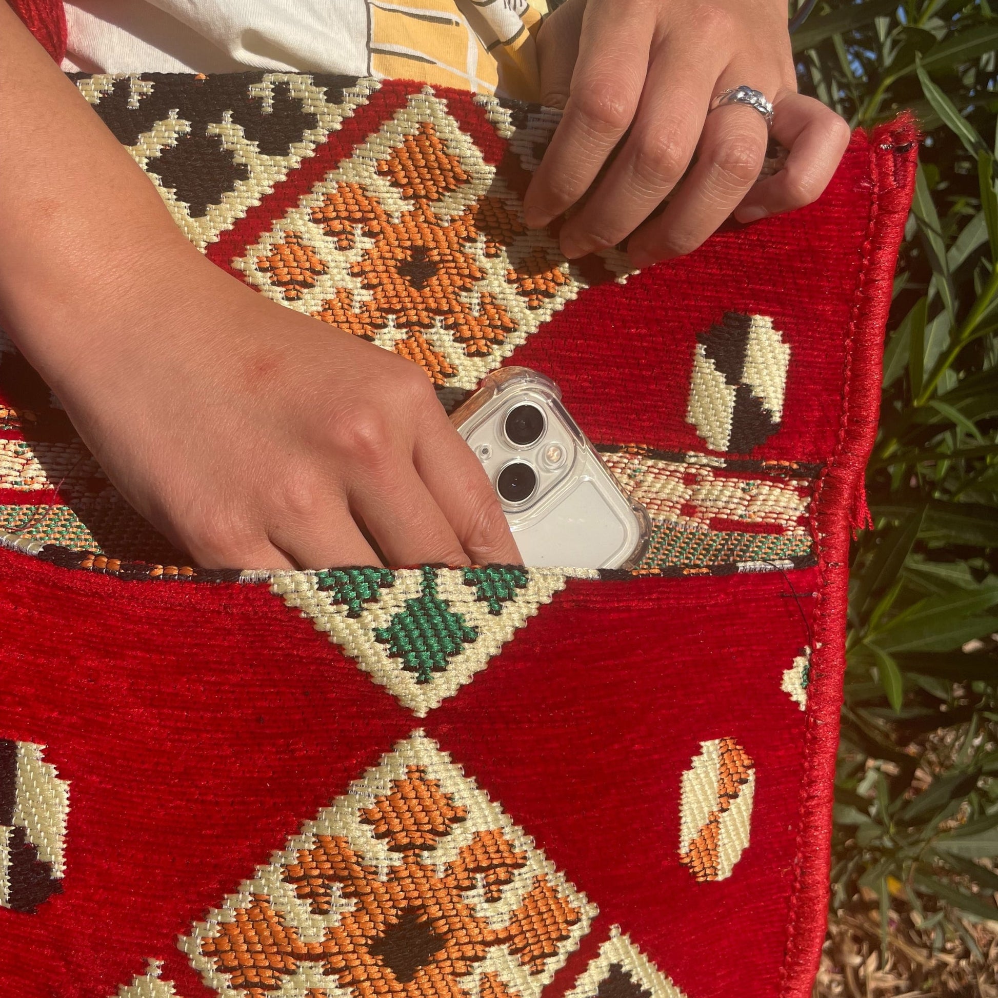 Kilim Bohemian Shoulder Bag - Red product packaging on clean background from Quintessential Holistic Health Ltd