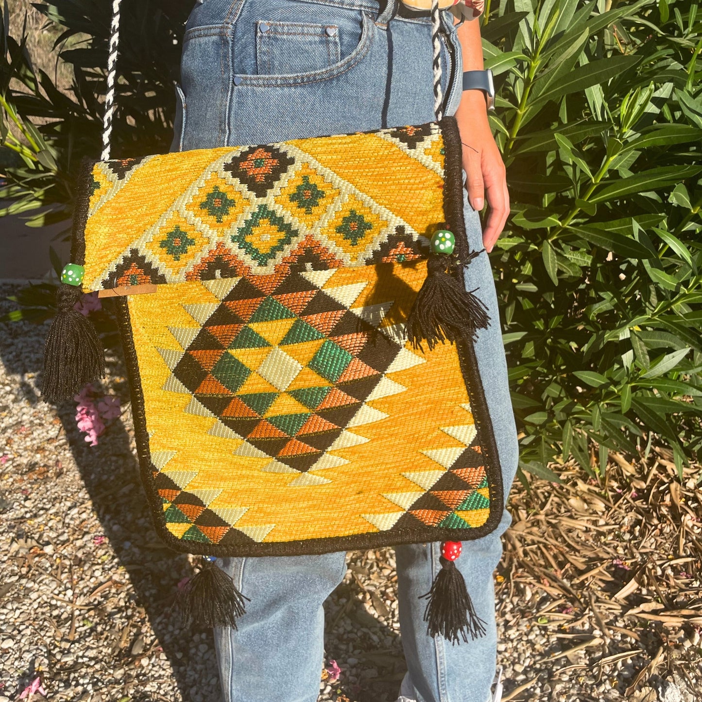 Kilim Bohemian Shoulder Bag - Yellow product packaging on clean background from Quintessential Holistic Health Ltd