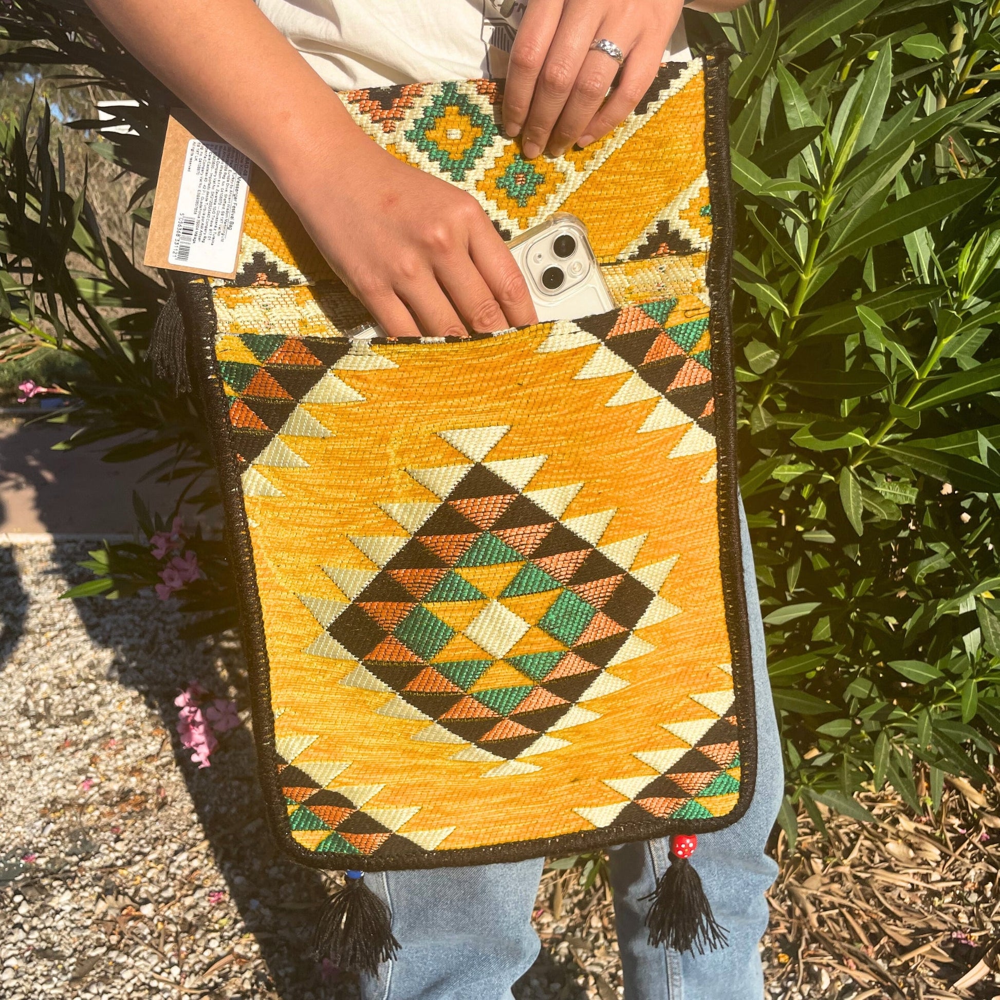 Kilim Bohemian Shoulder Bag - Yellow product packaging on clean background from Quintessential Holistic Health Ltd