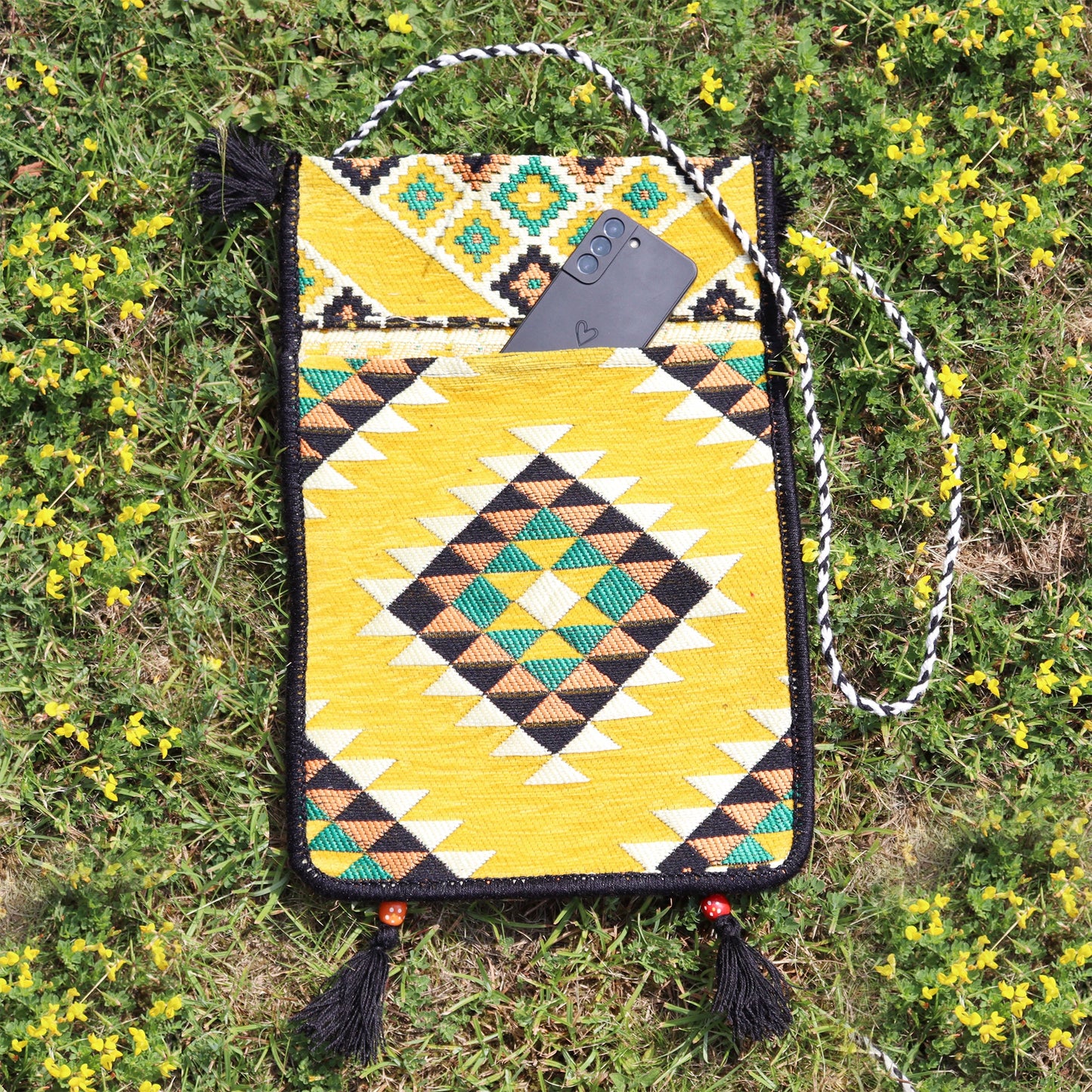 Kilim Bohemian Shoulder Bag - Yellow product packaging on clean background from Quintessential Holistic Health Ltd
