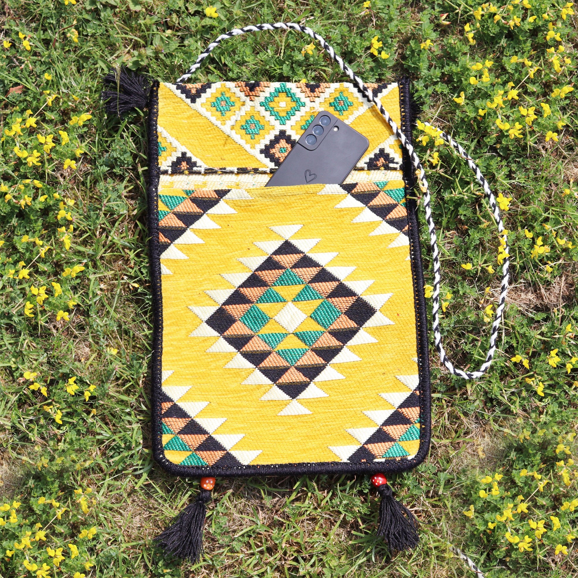 Kilim Bohemian Shoulder Bag - Yellow product packaging on clean background from Quintessential Holistic Health Ltd