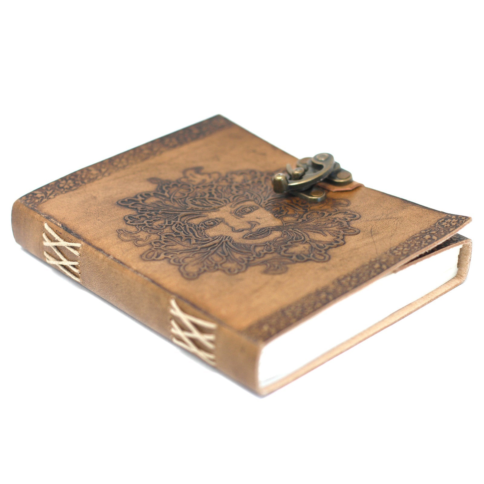 Handmade Leather-Bound Eco-Friendly Notebook with Metal Clasp - Large / Tan / Green Man product packaging on clean background from Quintessential Holistic Health Ltd