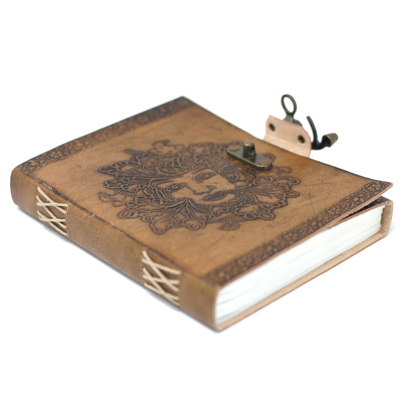 Handmade Leather-Bound Eco-Friendly Notebook with Metal Clasp - Large / Tan / Green Man product packaging on clean background from Quintessential Holistic Health Ltd