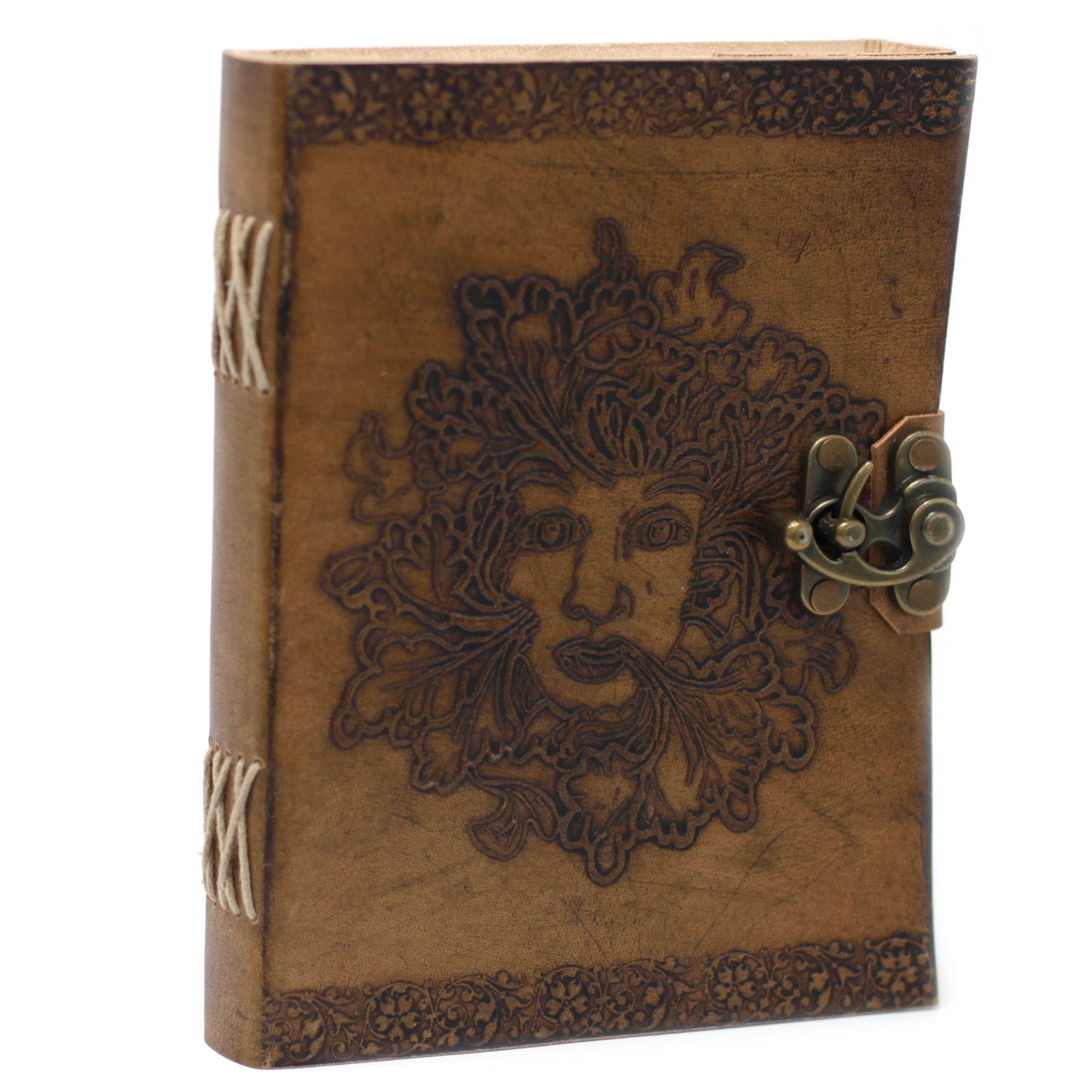 Handmade Leather-Bound Eco-Friendly Notebook with Metal Clasp - Large / Tan / Green Man product packaging on clean background from Quintessential Holistic Health Ltd