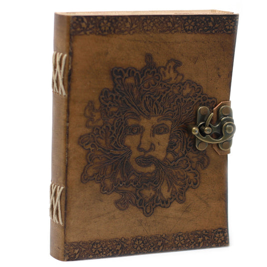 Handmade Leather-Bound Eco-Friendly Notebook with Metal Clasp - Large - Tan and Green Man - main product image from Quintessential Holistic Health Ltd UK