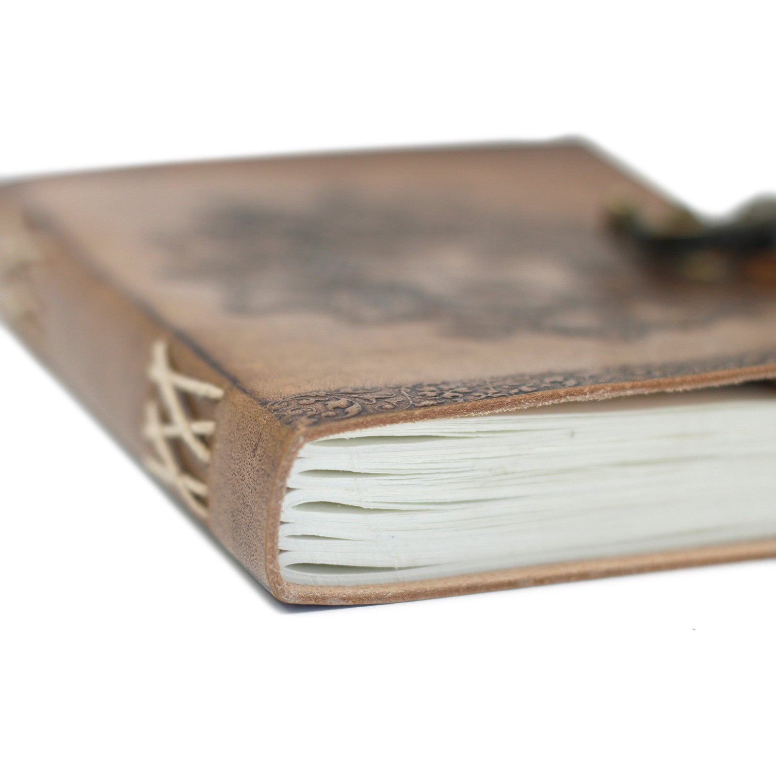 Handmade Leather-Bound Eco-Friendly Notebook with Metal Clasp - Large / Tan / Green Man product packaging on clean background from Quintessential Holistic Health Ltd