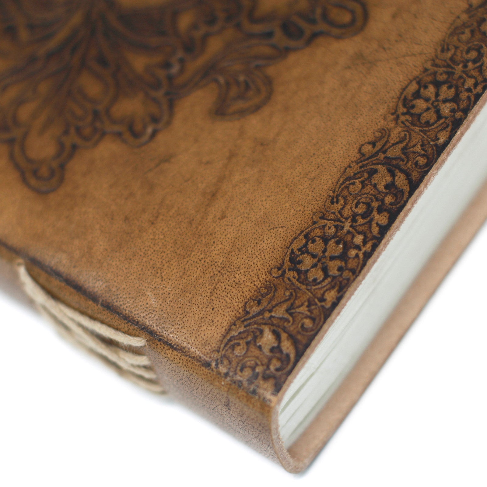 Handmade Leather-Bound Eco-Friendly Notebook with Metal Clasp - Large / Tan / Green Man product packaging on clean background from Quintessential Holistic Health Ltd