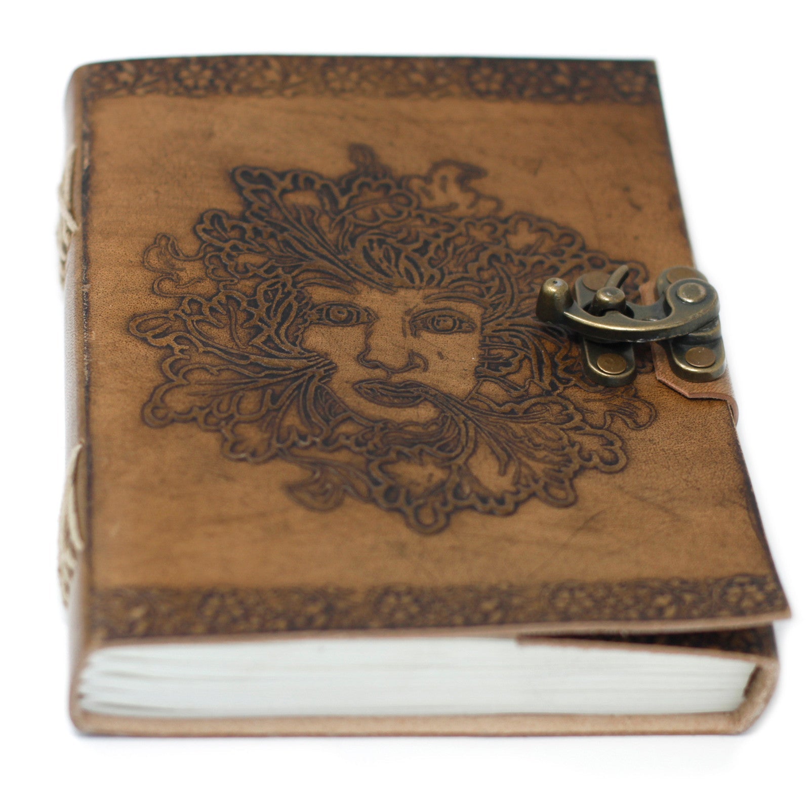 Handmade Leather-Bound Eco-Friendly Notebook with Metal Clasp - Large / Tan / Green Man product packaging on clean background from Quintessential Holistic Health Ltd