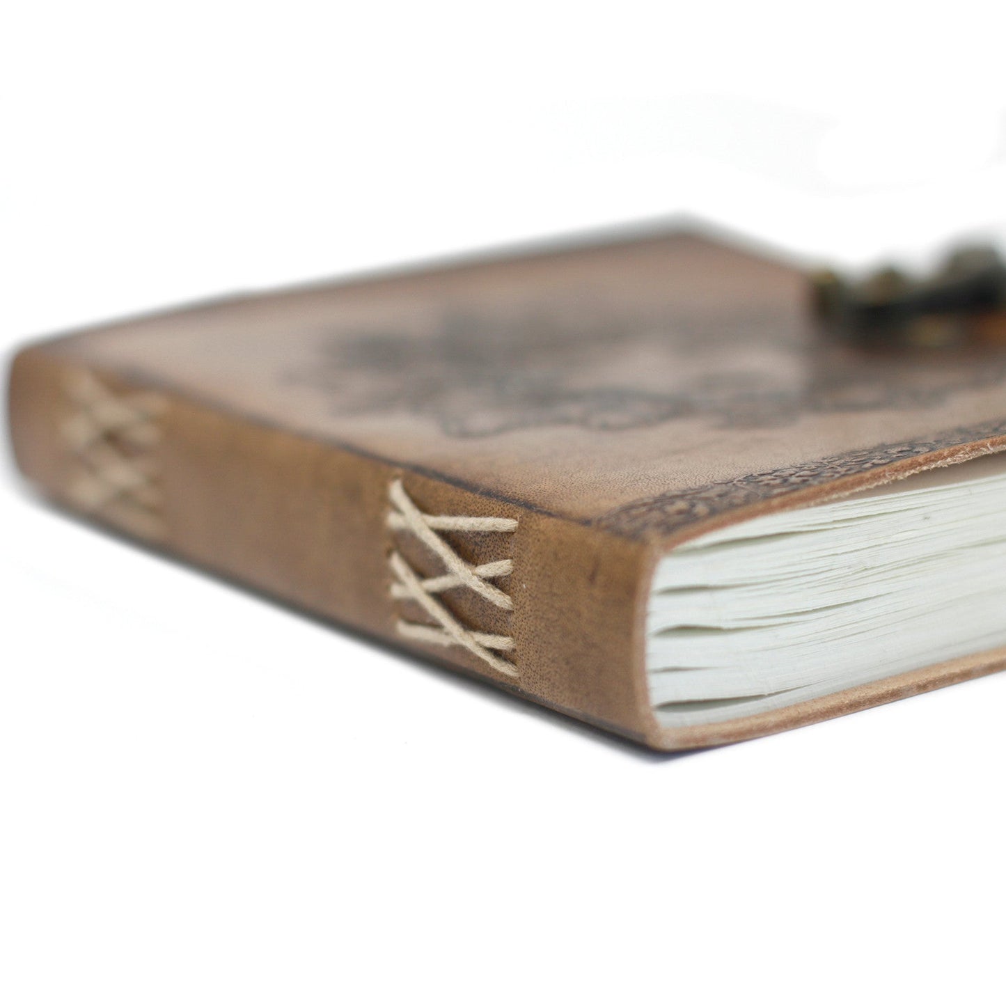 Handmade Leather-Bound Eco-Friendly Notebook with Metal Clasp - Large / Tan / Green Man product packaging on clean background from Quintessential Holistic Health Ltd