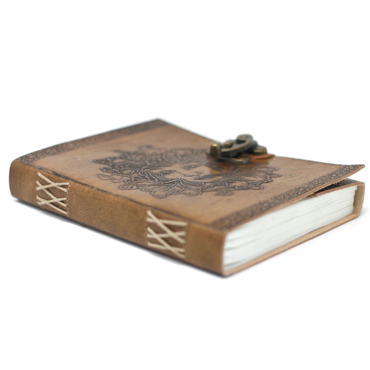 Handmade Leather-Bound Eco-Friendly Notebook with Metal Clasp - Large / Tan / Green Man product packaging on clean background from Quintessential Holistic Health Ltd