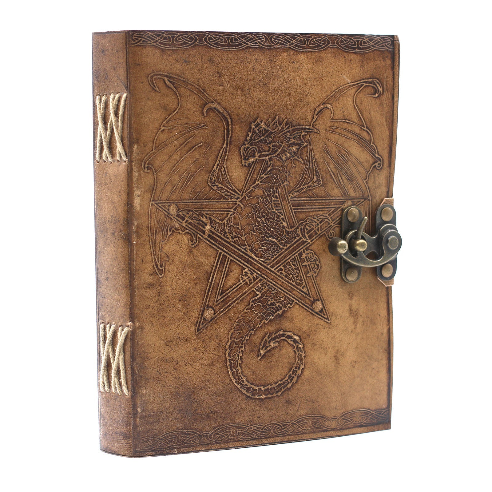 Handmade Leather-Bound Eco-Friendly Notebook with Metal Clasp - Large / Light Brown / Dragon product packaging on clean background from Quintessential Holistic Health Ltd