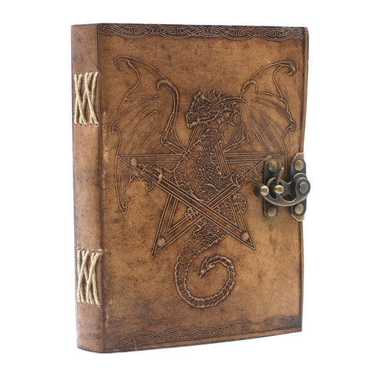 Handmade Leather-Bound Eco-Friendly Notebook with Metal Clasp - Large - Light Brown - Dragon - main product image from Quintessential Holistic Health Ltd UK