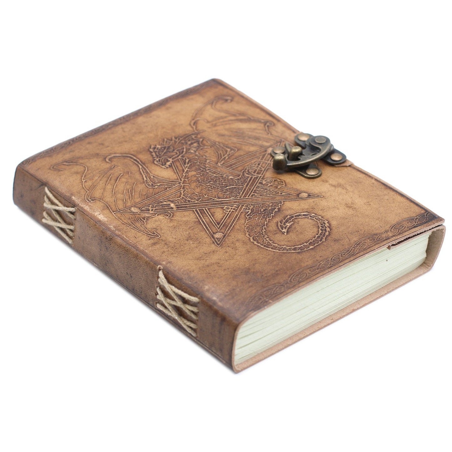 Handmade Leather-Bound Eco-Friendly Notebook with Metal Clasp - Large / Light Brown / Dragon product packaging on clean background from Quintessential Holistic Health Ltd
