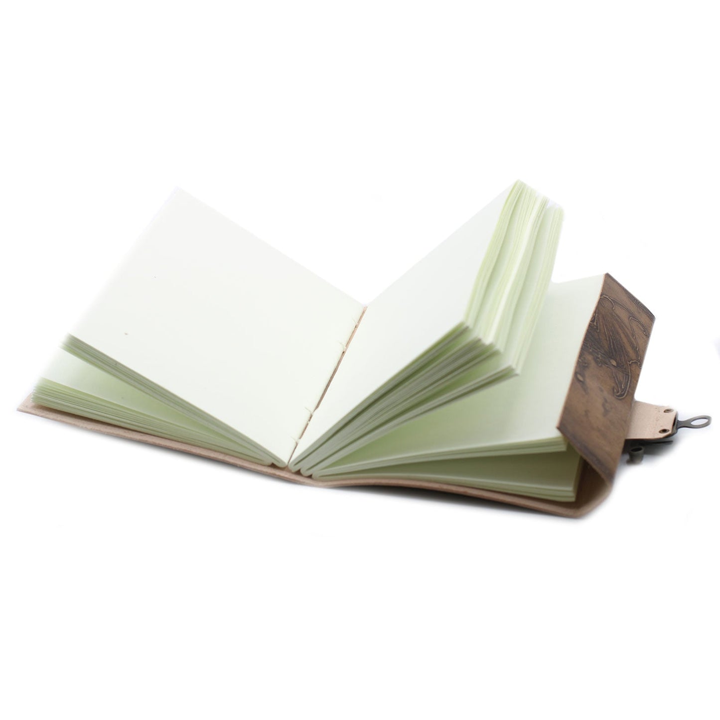 Handmade Leather-Bound Eco-Friendly Notebook with Metal Clasp - Large / Light Brown / Dragon product packaging on clean background from Quintessential Holistic Health Ltd