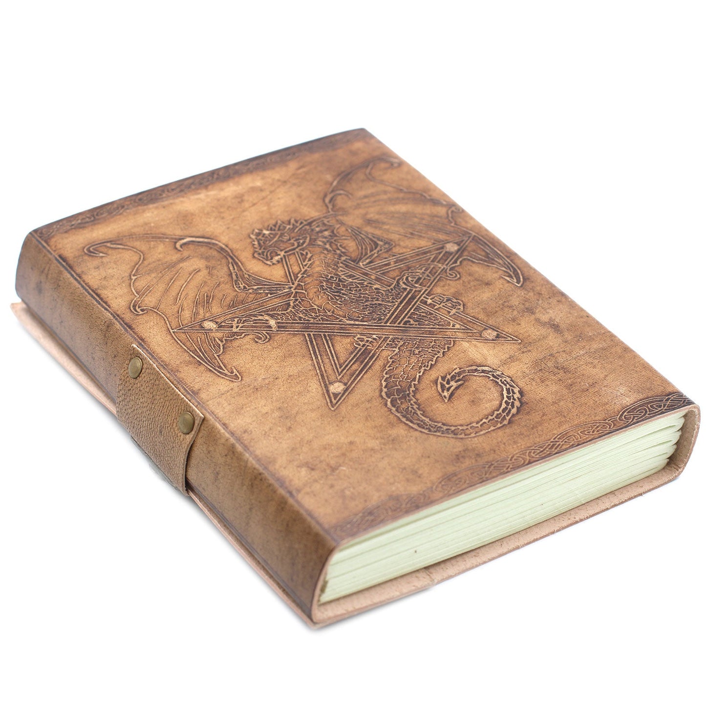 Handmade Leather-Bound Eco-Friendly Notebook with Metal Clasp - Large / Light Brown / Dragon product packaging on clean background from Quintessential Holistic Health Ltd