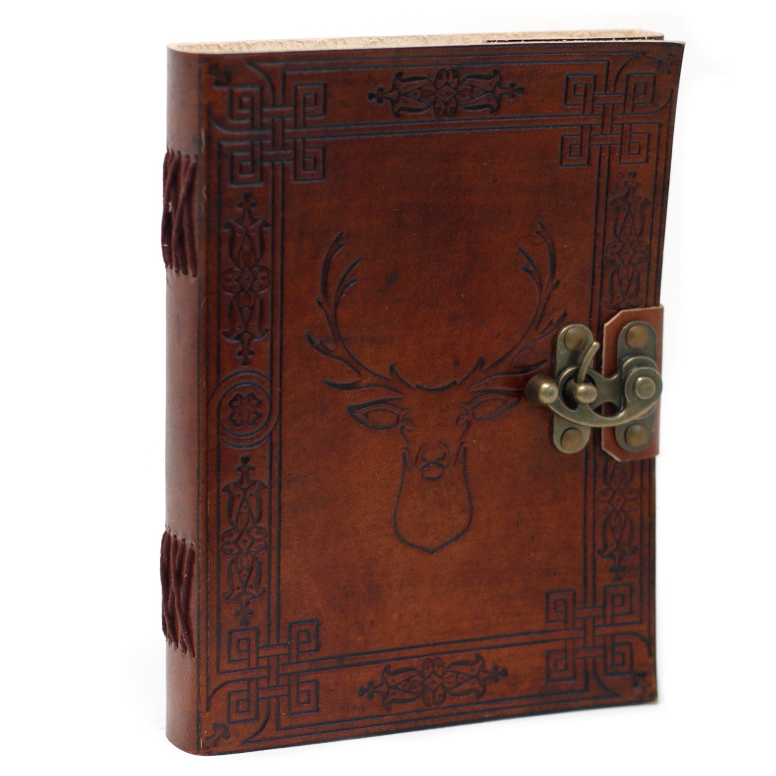 Handmade Leather-Bound Eco-Friendly Notebook with Metal Clasp - Large / Brown / Stag product packaging on clean background from Quintessential Holistic Health Ltd