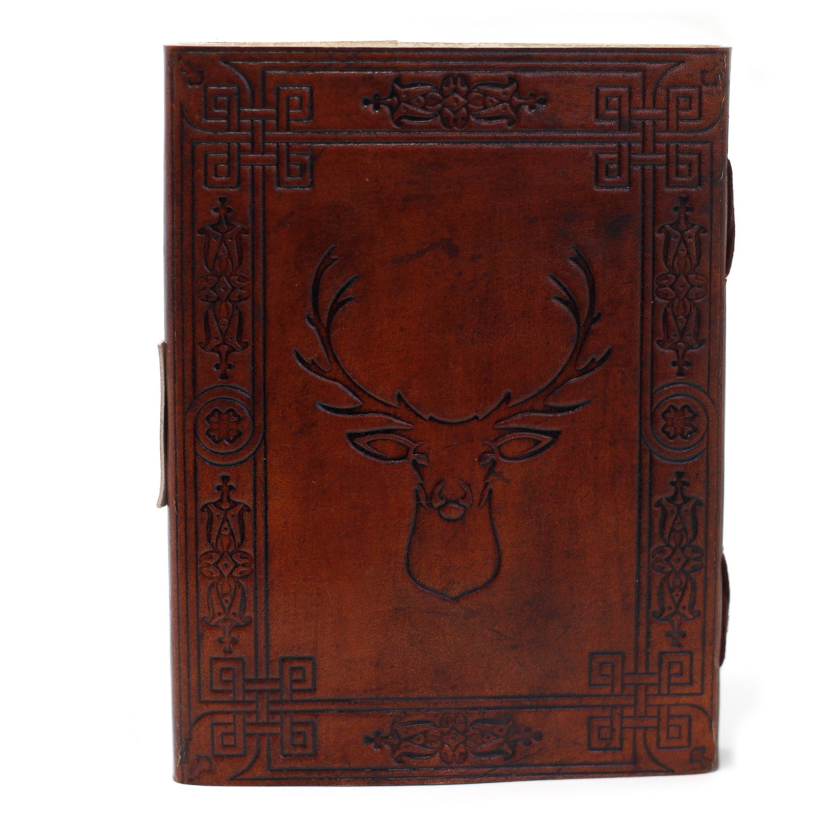 Handmade Leather-Bound Eco-Friendly Notebook with Metal Clasp - Large / Brown / Stag product packaging on clean background from Quintessential Holistic Health Ltd