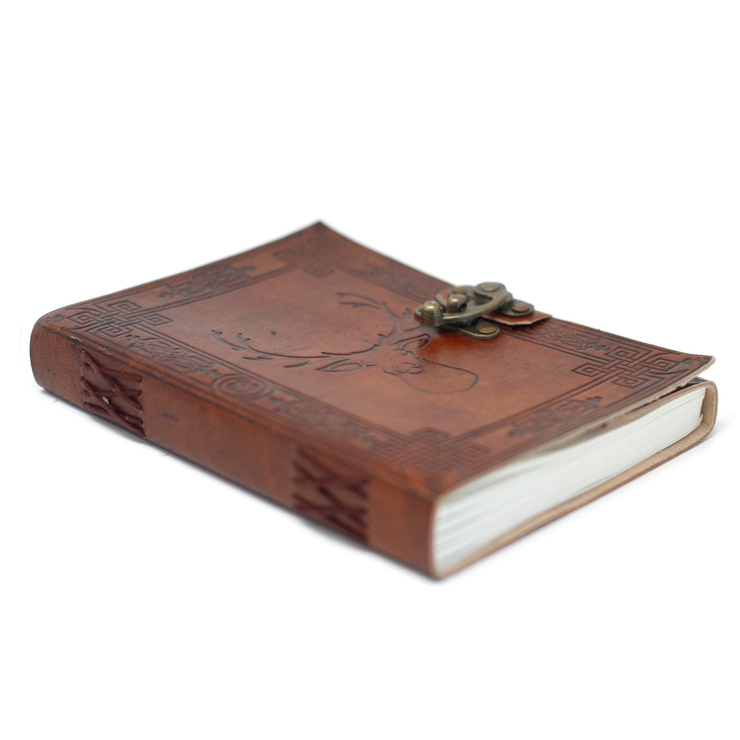 Handmade Leather-Bound Eco-Friendly Notebook with Metal Clasp - Large / Brown / Stag product packaging on clean background from Quintessential Holistic Health Ltd