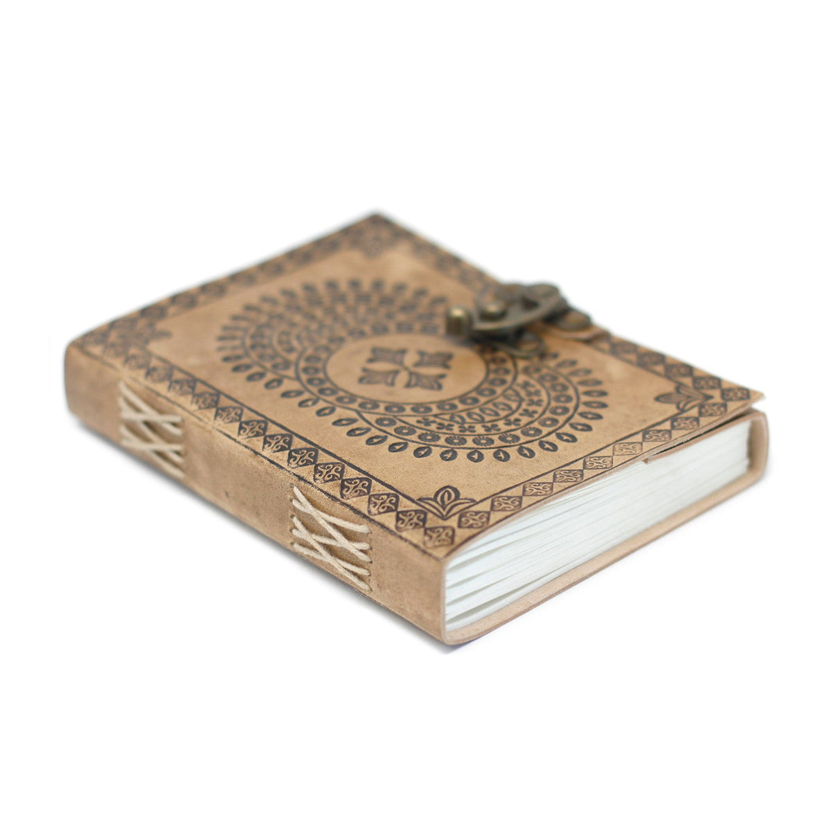 Leather-Bound Notebook - Medium Tan & Blue Mandala, Metal Clasp, lying flat with an oval pattern, clasp and white spine stitching by Quintessential Holistic Health Ltd