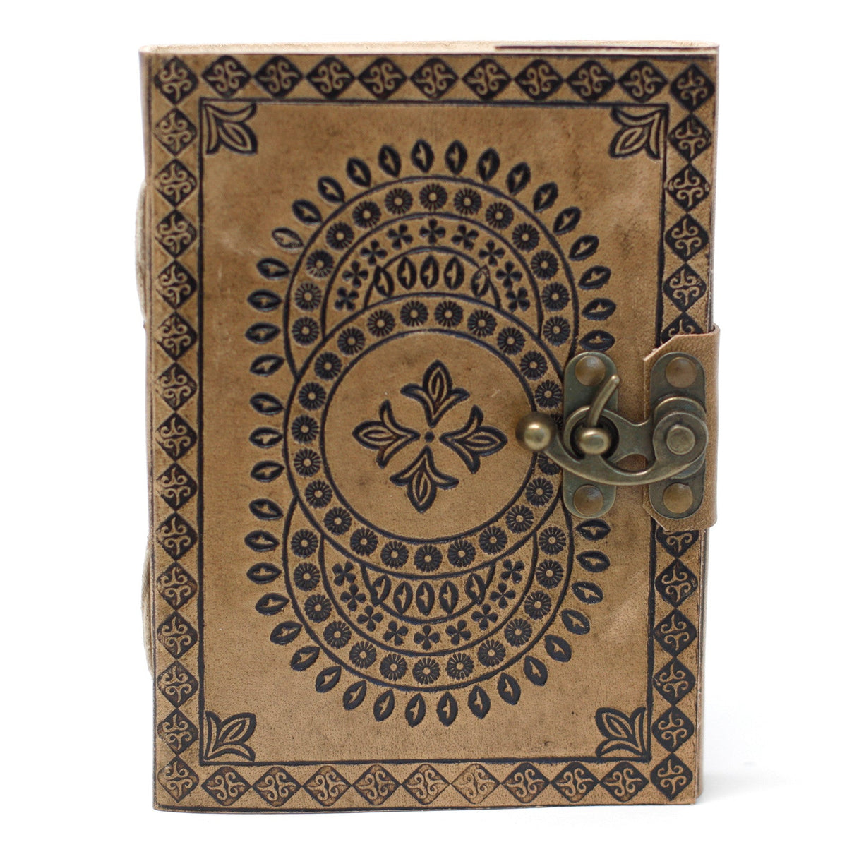 Leather-Bound Notebook - Medium Tan & Blue Mandala, Metal Clasp, front view with dark oval detailing and an ornate brass-tone clasp by Quintessential Holistic Health Ltd