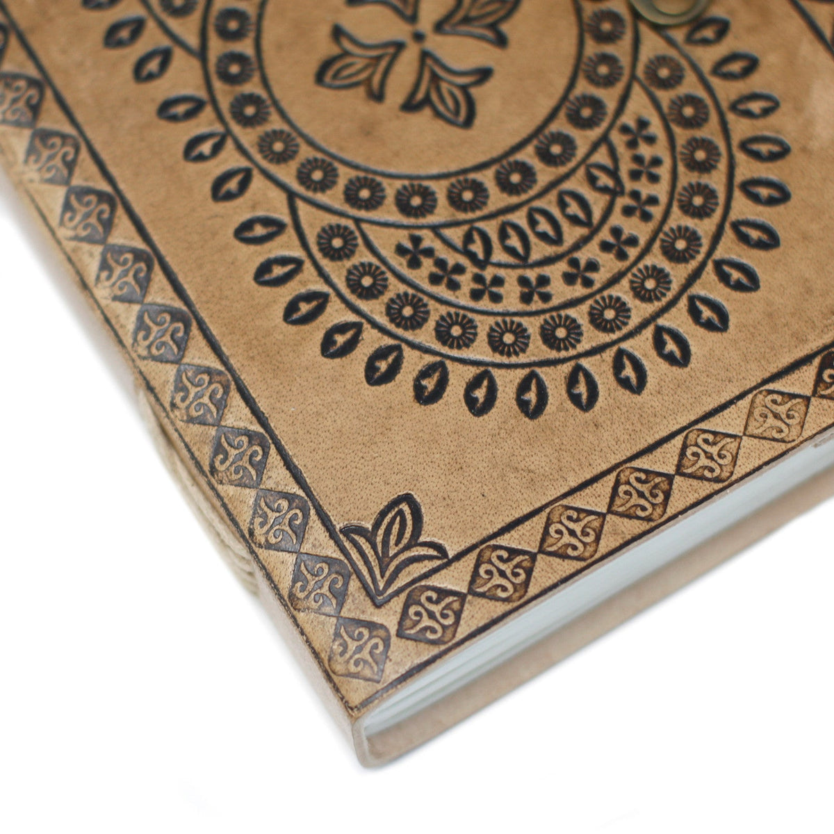 Leather-Bound Notebook - Medium Tan & Blue Mandala, Metal Clasp, close-up of the patterned corner and layered white page edges by Quintessential Holistic Health Ltd